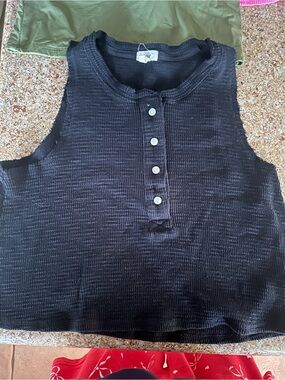 Black Ribbed Button Henley Tank Top - Aerie